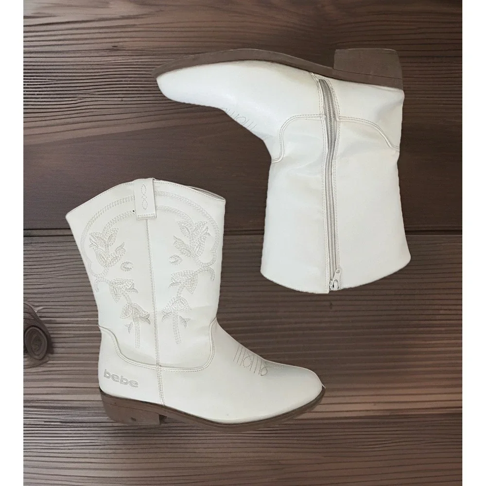 Bebe Girls White Floral Embroidered Western Cowboy Boots Coastal Girl Boho Festi